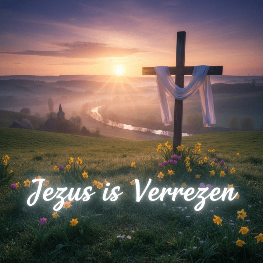 Easter sunrise with 'Jezus is Verrezen' text